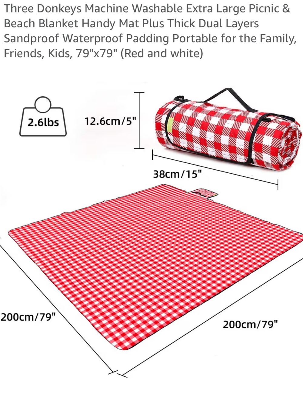 Red and White Gingham Picnic Blanket - Roll-Up Beach Mat